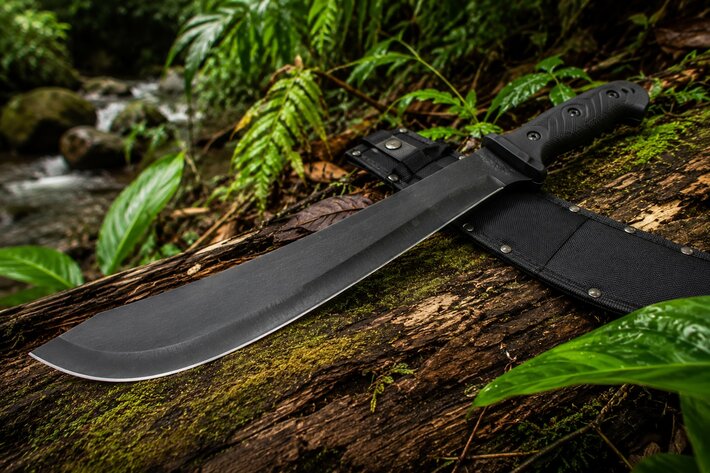 Machette de bushcraft sur un tronc en forêt